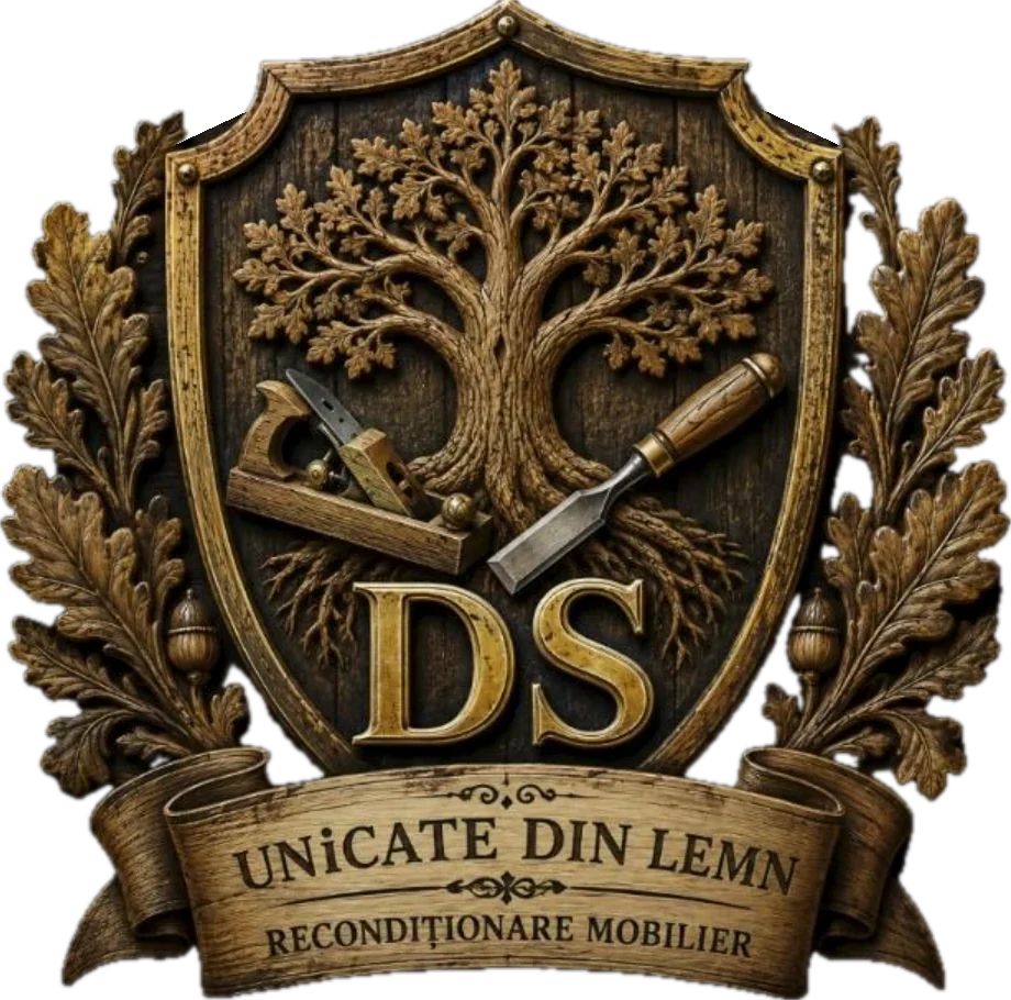 Sigla Unicate din Lemn: scut cu stejar, rindea, daltă și inițialele DS